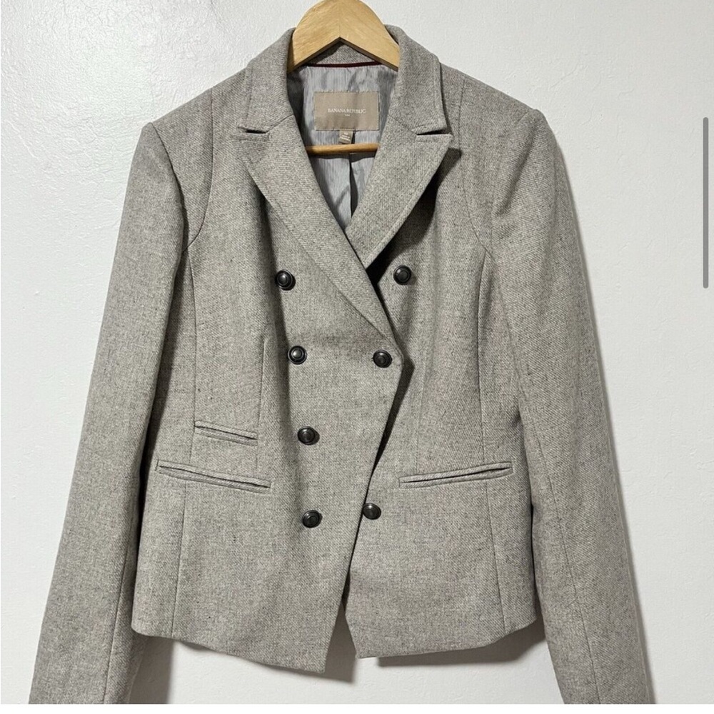 Banana Republic Women's Double Breasted Blazer Size 12 Gray Wool Blend Career